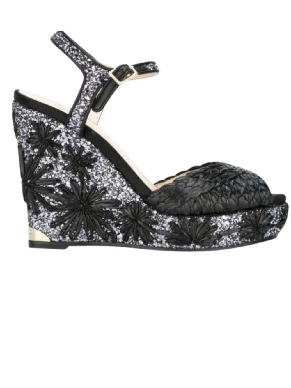 Jimmy Choo Perla 120 Embroidered Raffia Glitter Leather Wedges Sandals Heels 6